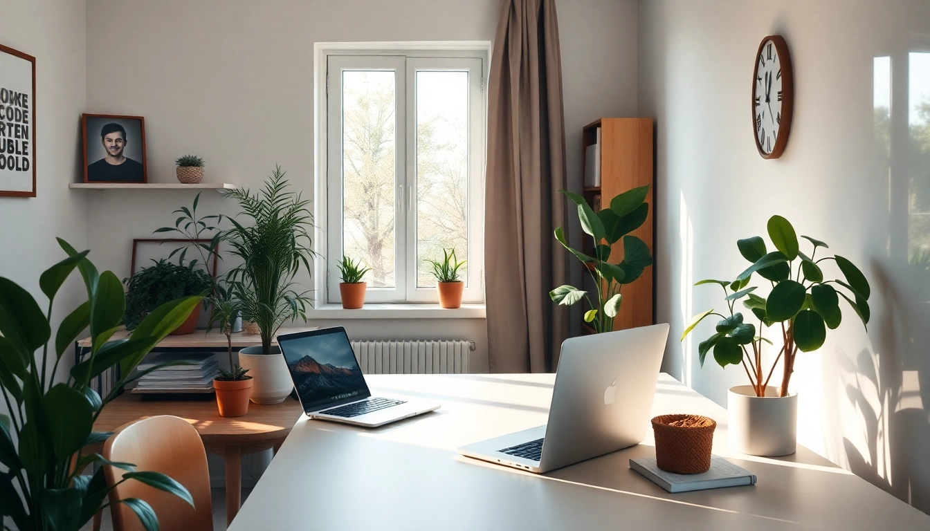 Working from home setting featuring a desk and laptop, ideal for Arbeit von zu Hause.