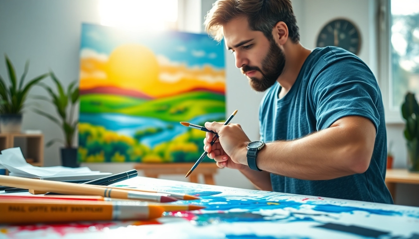 Maak een prachtige canvas schildering in een vrolijke studio met levendige kleuren.