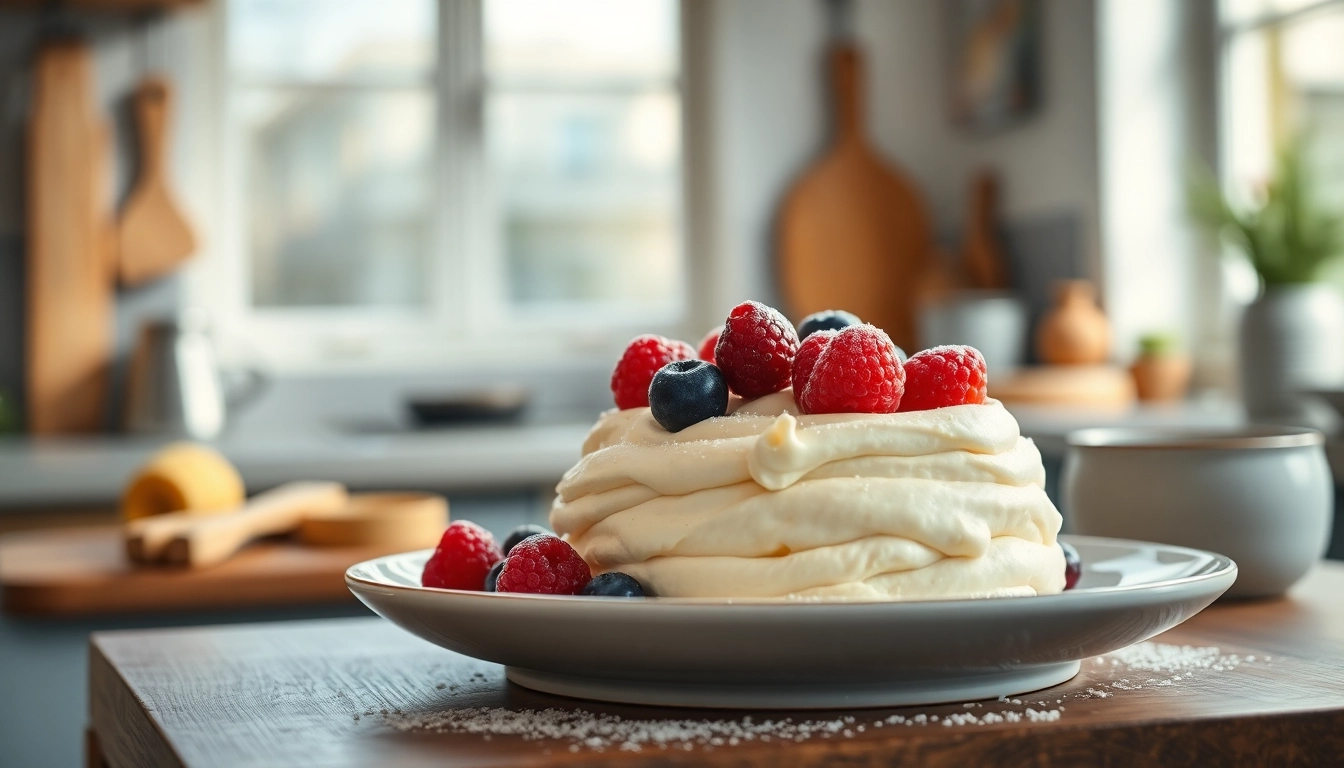 Proef de heerlijke mousseline dessert met frisse bessen en poedersuiker.