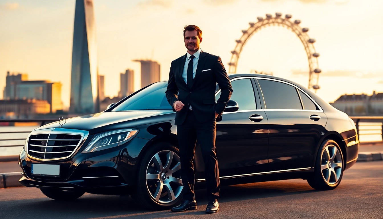 Book chauffeur hire london services with a professional chauffeur by a luxurious car against the London skyline.