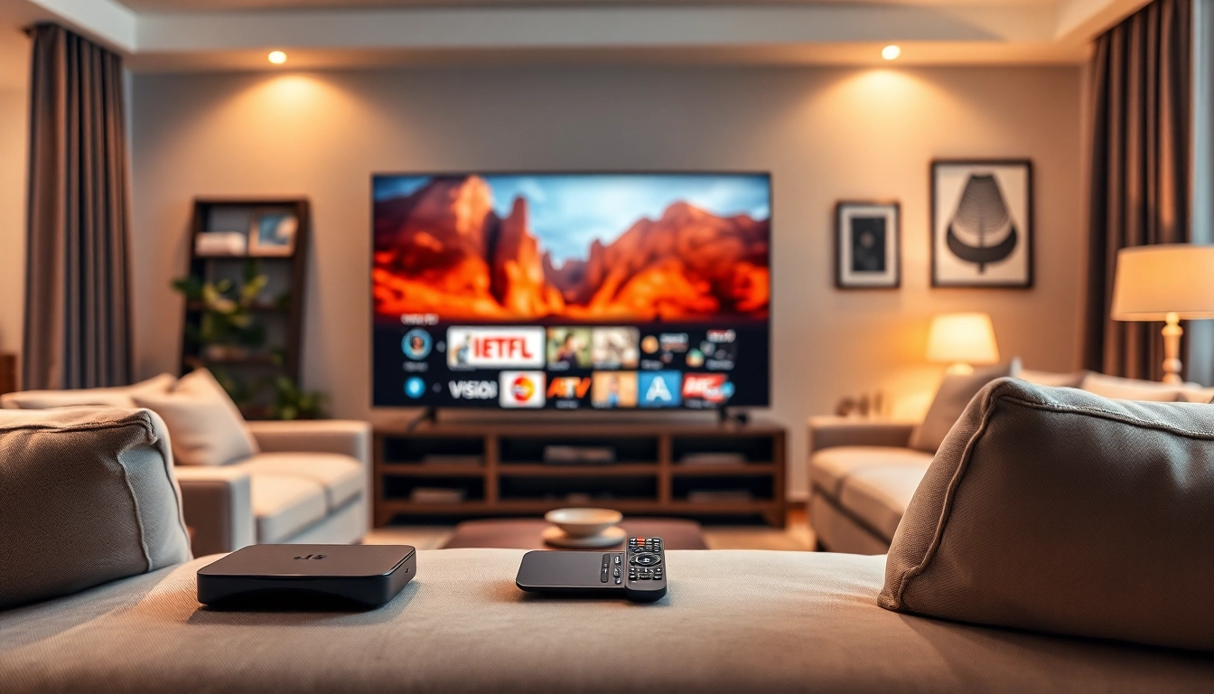 Regardez iptv abonnement 12 mois sur une télévision moderne dans un salon confortable.