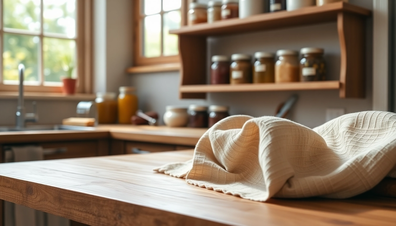 Kaasdoek in de keuken, elegant gedrapeerd met warme, natuurlijke tinten.