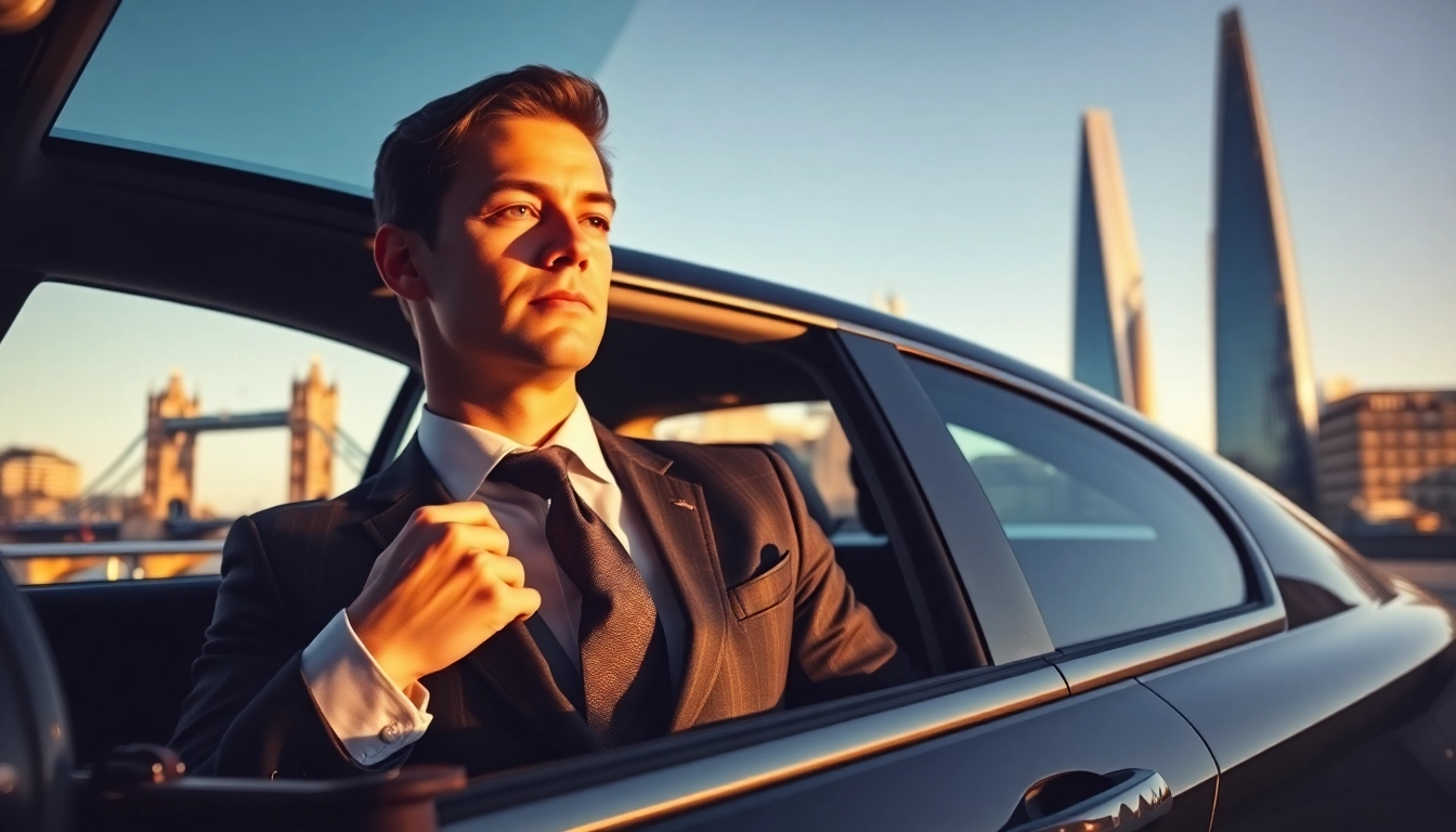 A london chauffeur adjusting their tie in a sleek black car with London skyline in the background.