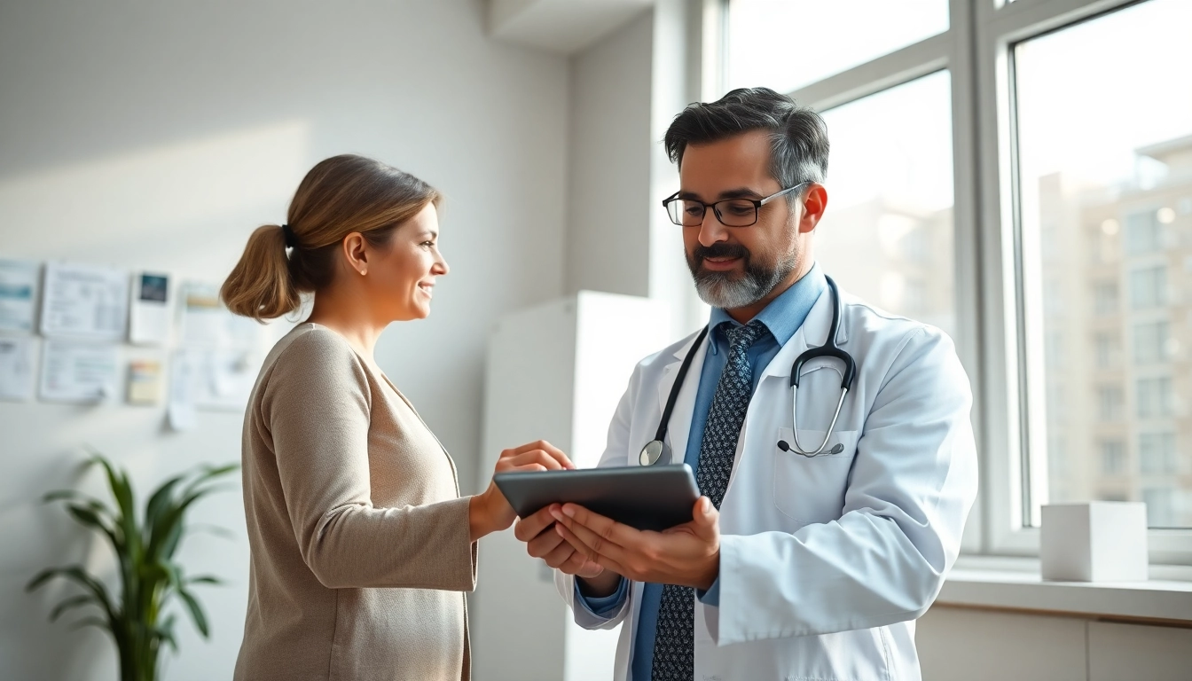 Demonstrating how does eprescribing work with a doctor using a digital tablet in a modern office.