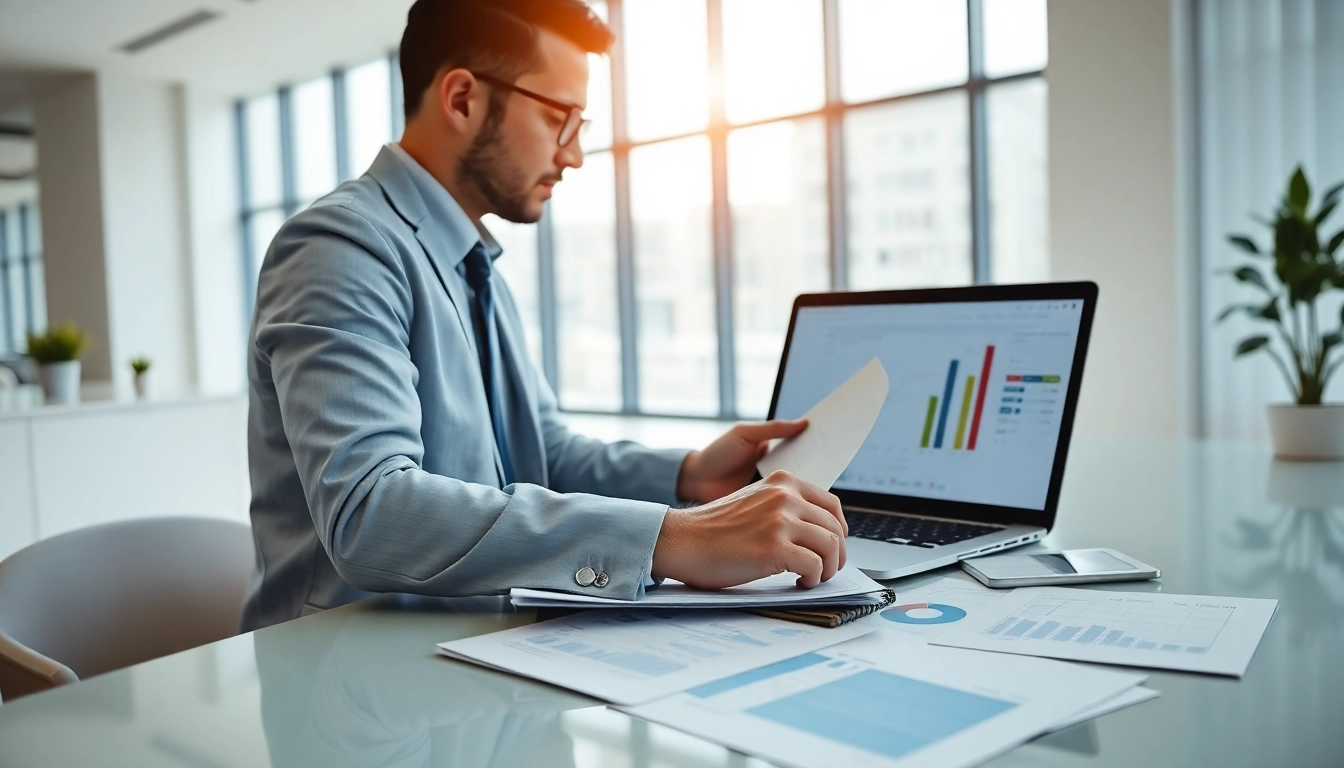 Illustration of Monthly Accounting Services highlighting an accountant with financial documents in a modern office.