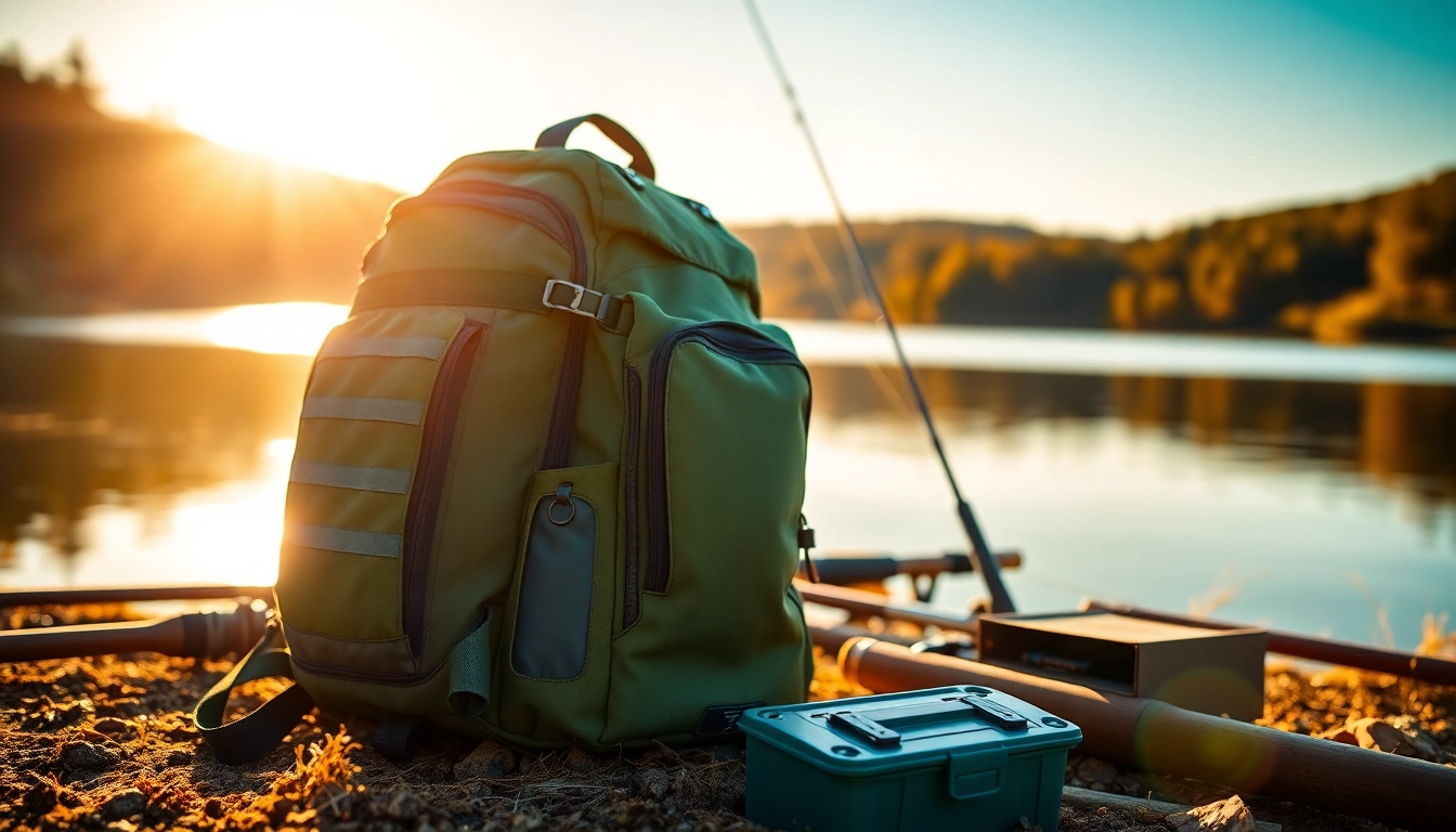 Fly fishing backpack showcased in a serene lakeside setting with fishing gear around.