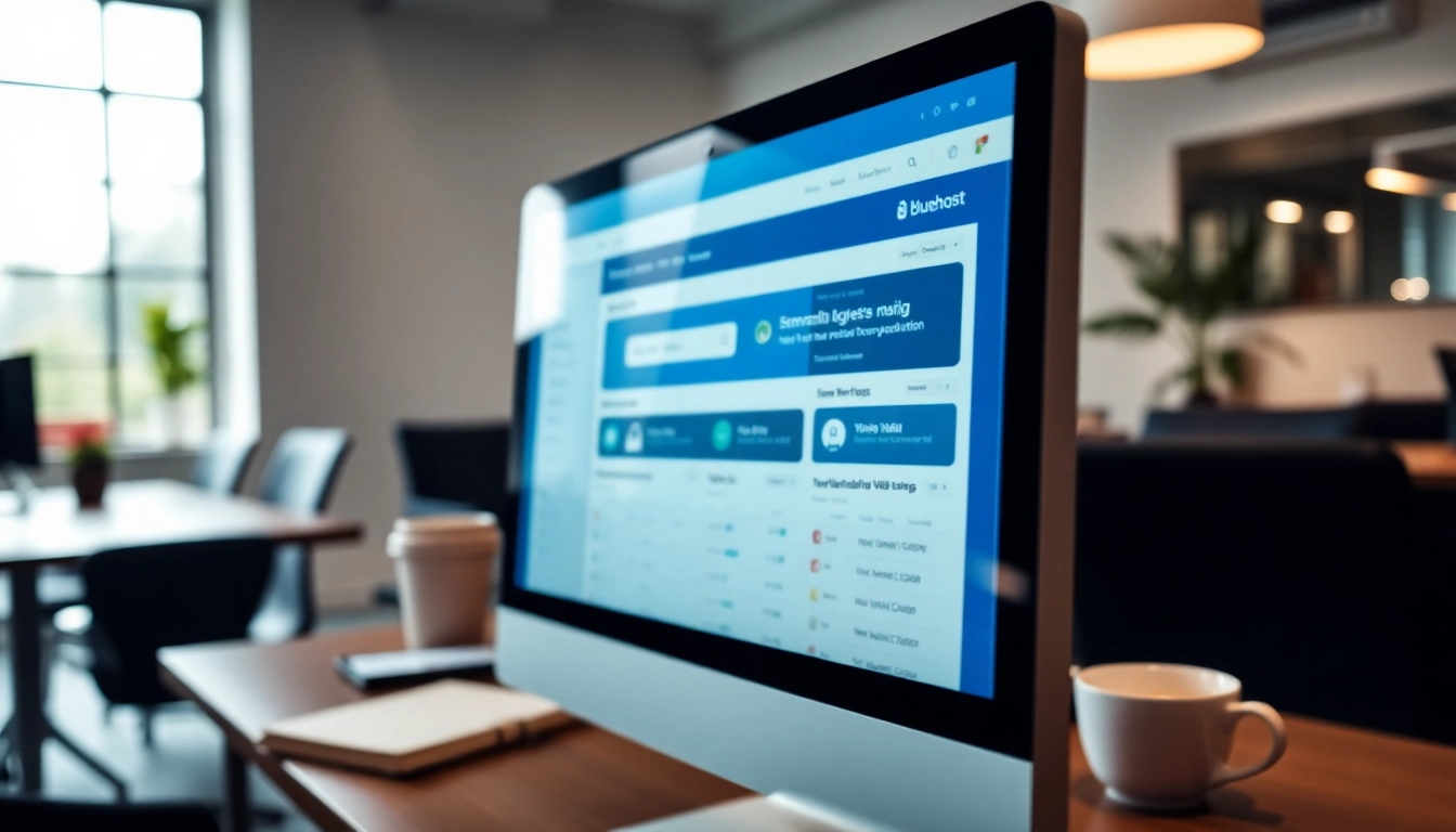 Showcase a professional workspace with Bluehost dashboard and branding elements.