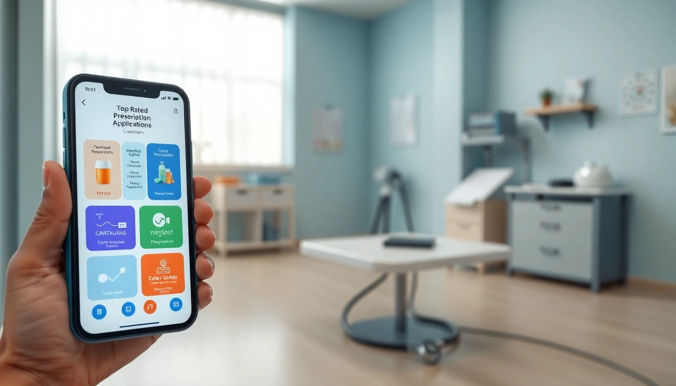Showcase features top rated prescription applications on a smartphone in a modern healthcare setting.